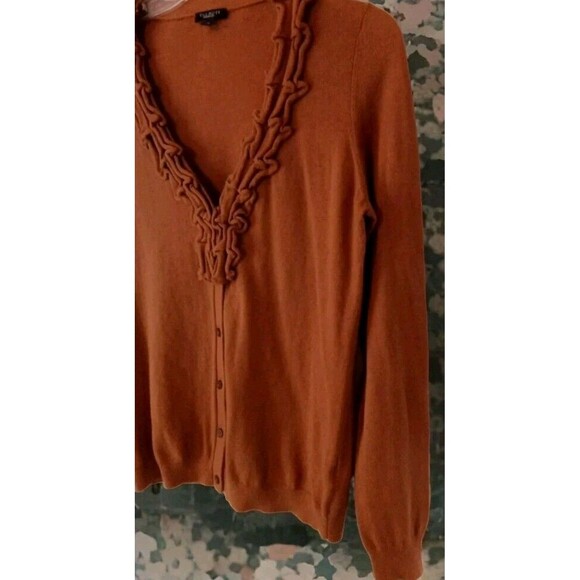 2 Talbots Sweater Size S Ruffle Trim Button Bronze/Green Cotton/Wool Blend - Picture 7 of 14
